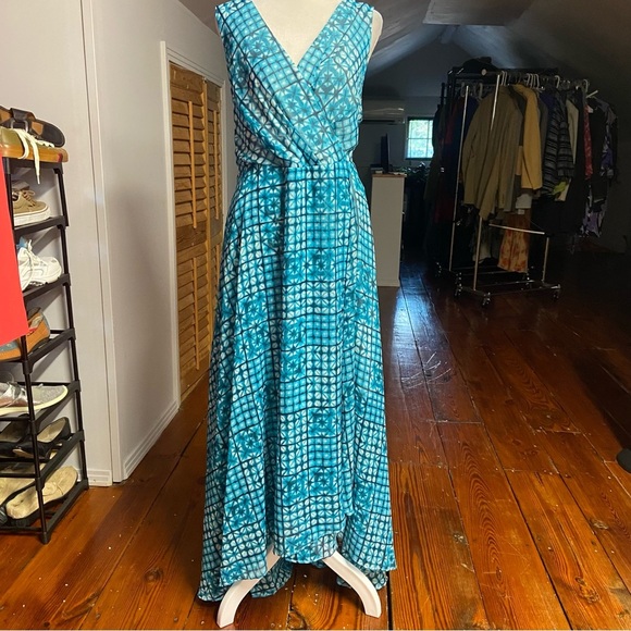 TOMMY HILFIGER V-NECK LINED SURPLICE FAUX-WRAP MAXI DRESS Size 16 Teal White - Picture 16 of 16